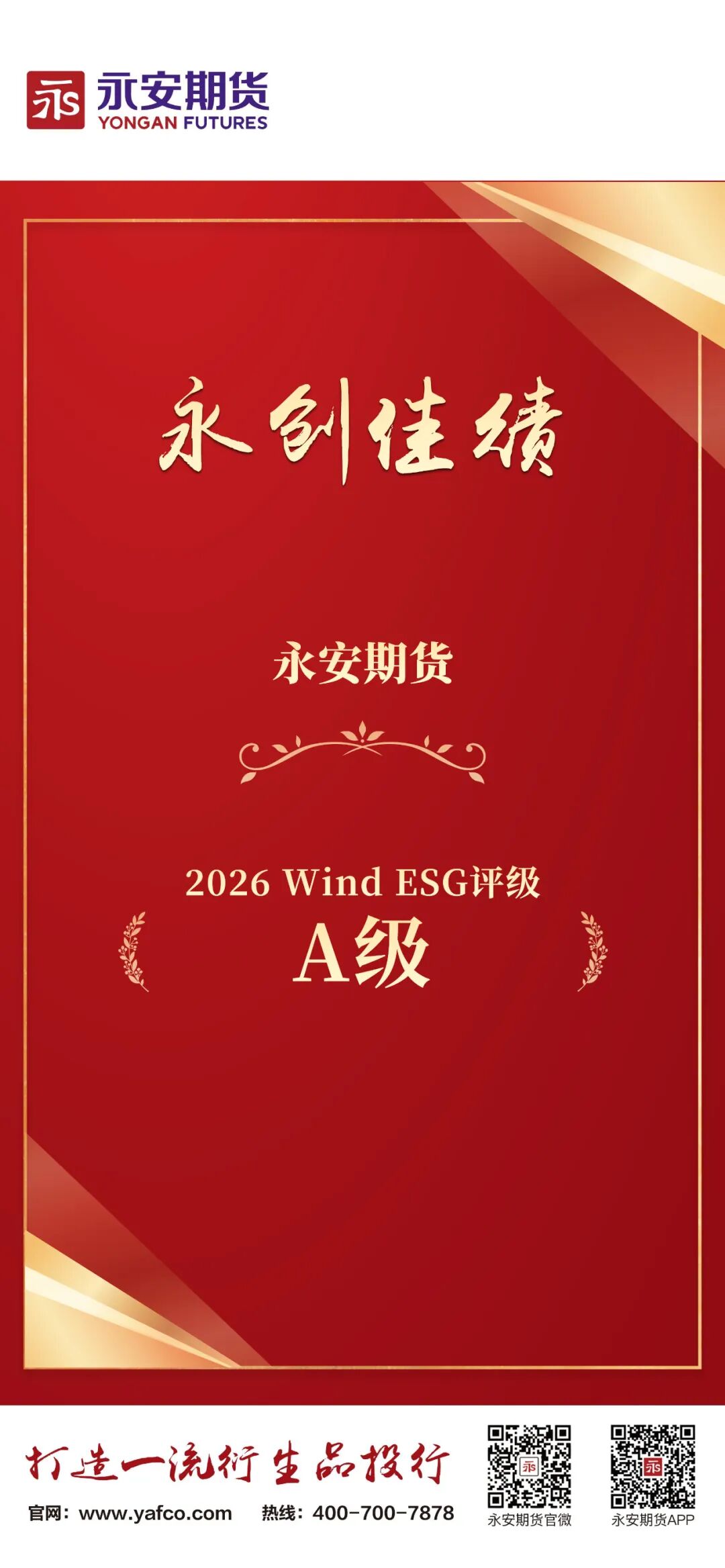 永创佳绩丨实力认证!永安期货获Wind ESG评级A级